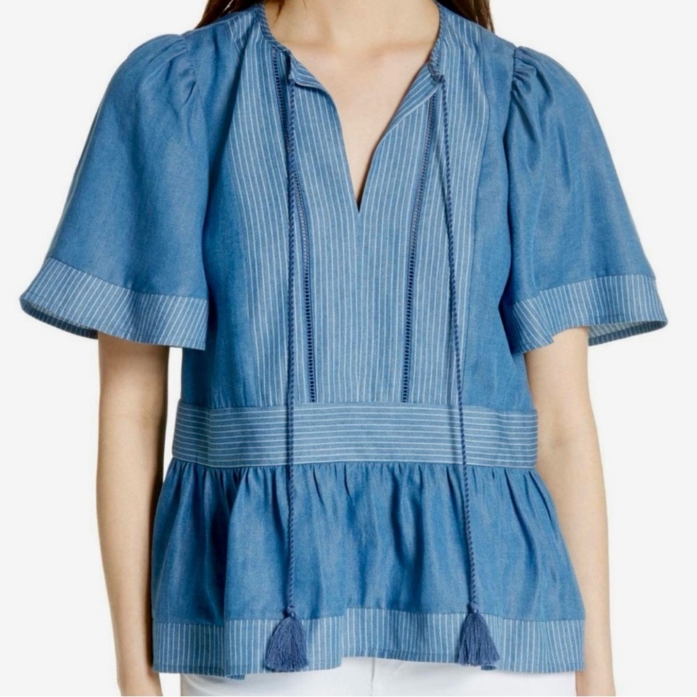 Kate Spade Indigo Railroad Chambray
Tassel Peplum Top